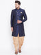 Vastramay Men's Navy Blue And Rose Gold Silk Blend Sherwani Set